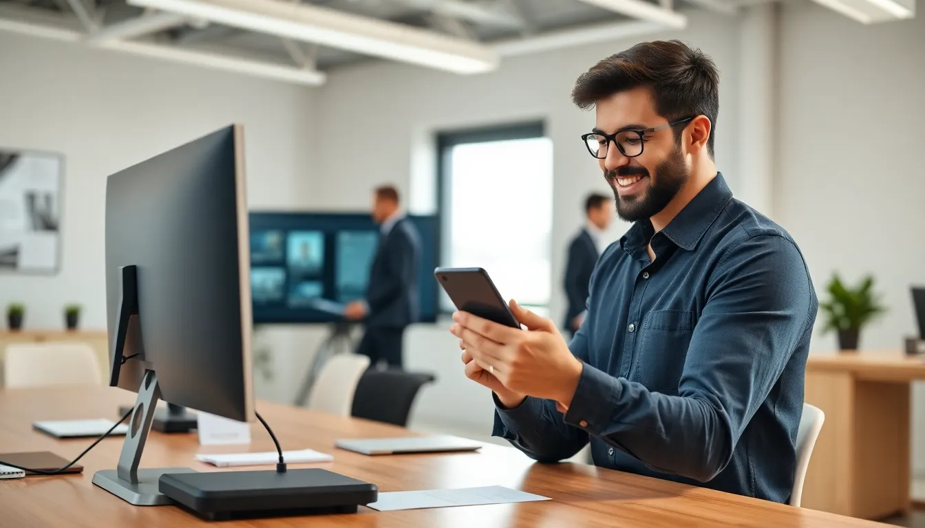 Collaborateur qui réserve un bureau depuis son téléphone à un poste partagé