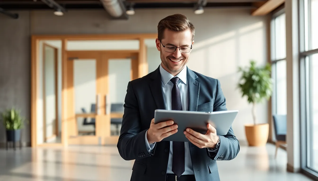 Manager in a suit checking a room booking on a tablet