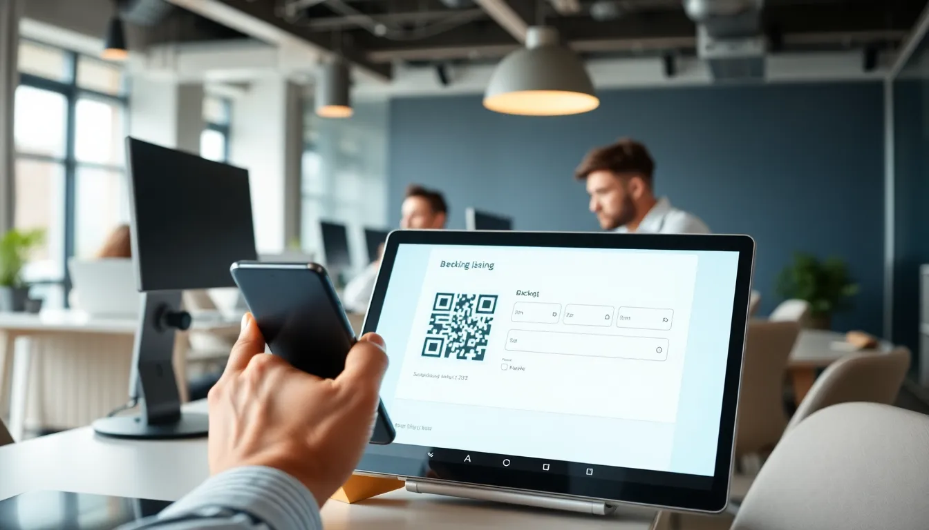 Mano con un móvil frente a una tableta que muestra un código QR en un espacio de coworking