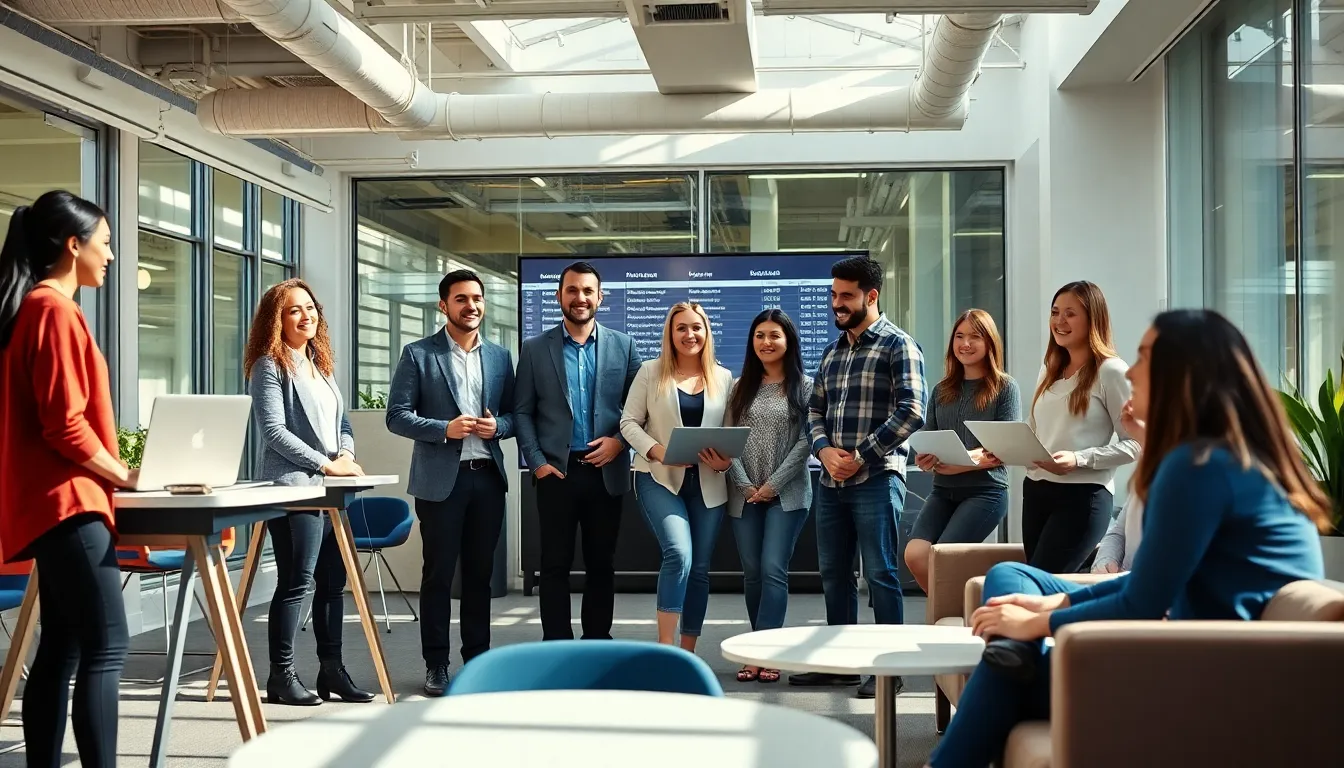 Equipe conversando em pé em um escritório flexível aberto