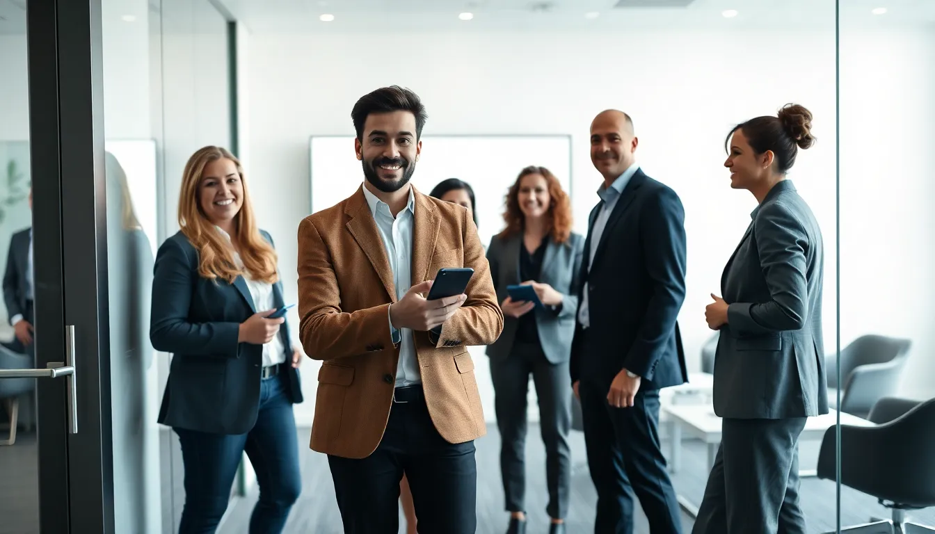 Colleagues gathered outside a glass meeting room, one holding a phone