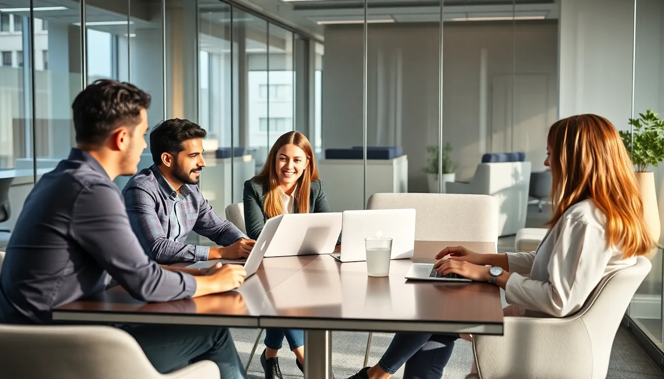 Compañeros trabajando con portátiles alrededor de una mesa