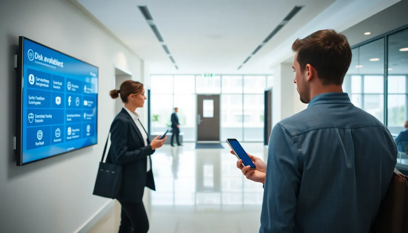 Employees looking at a wall screen of available desks and at a phone