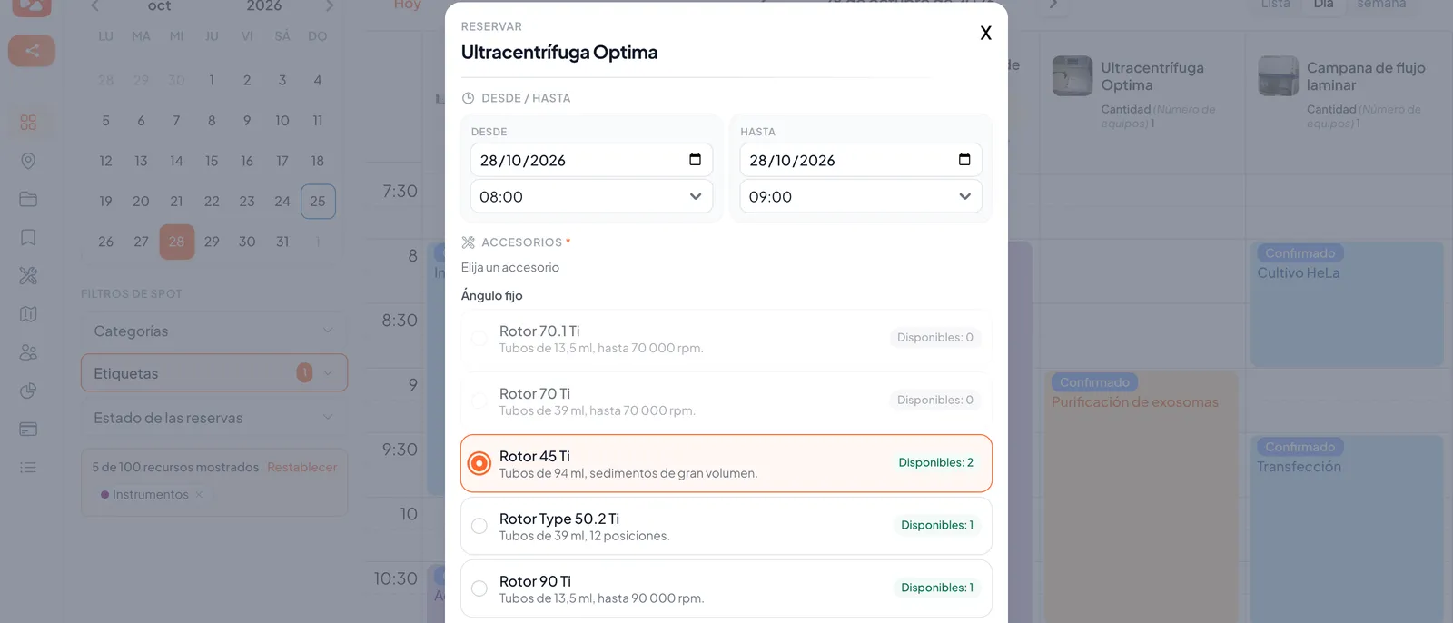 Reserva de la ultracentrífuga en SpotBooker: elección del rotor entre los disponibles en la franja horaria