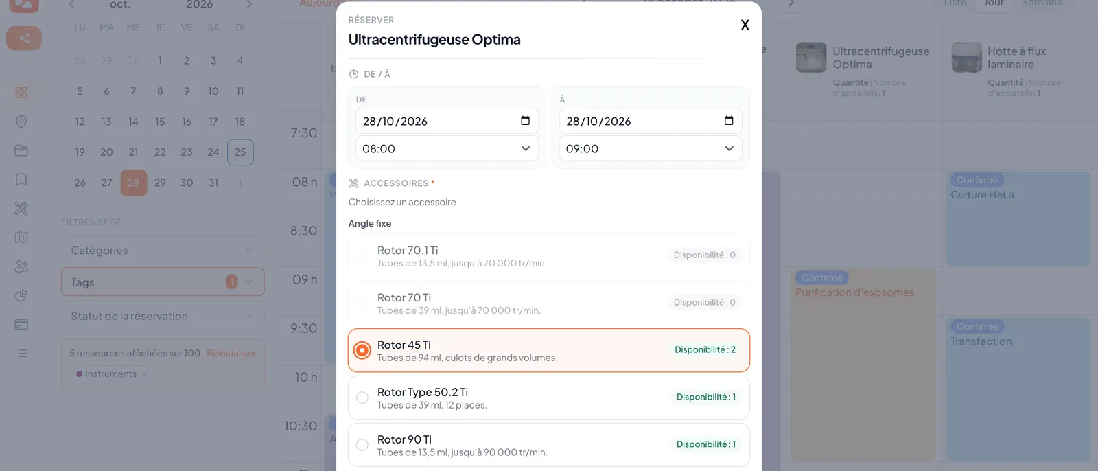 Réservation de l’ultracentrifugeuse dans SpotBooker : choix du rotor parmi ceux disponibles sur le créneau
