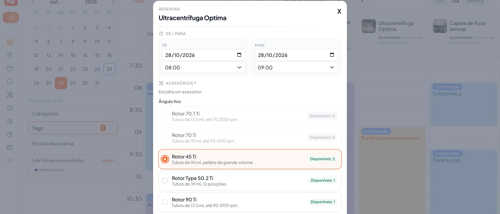 Agendamento da ultracentrífuga no SpotBooker: escolha do rotor entre os disponíveis no horário