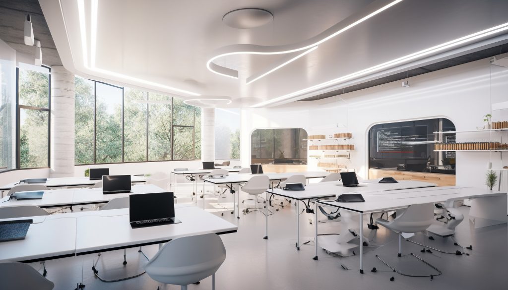 Modern office design with computer technology success generated by artificial intelligence
