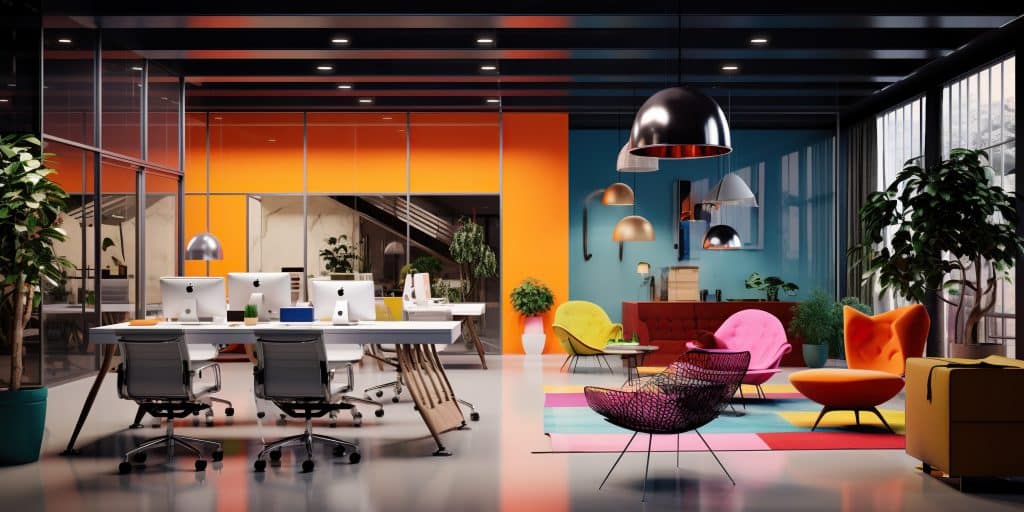 In a colorful office, desks and chairs are neatly arranged, but there is nobody in sight. The vibrant atmosphere awaits the hustle and bustle of a busy workday. 