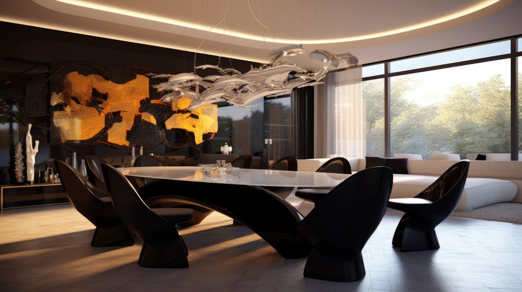 Interior design inspiration of Artistic Contemporary style home dining room loveliness decorated with Glass and Steel material and Sculptural lighting .Generative AI home interior design .