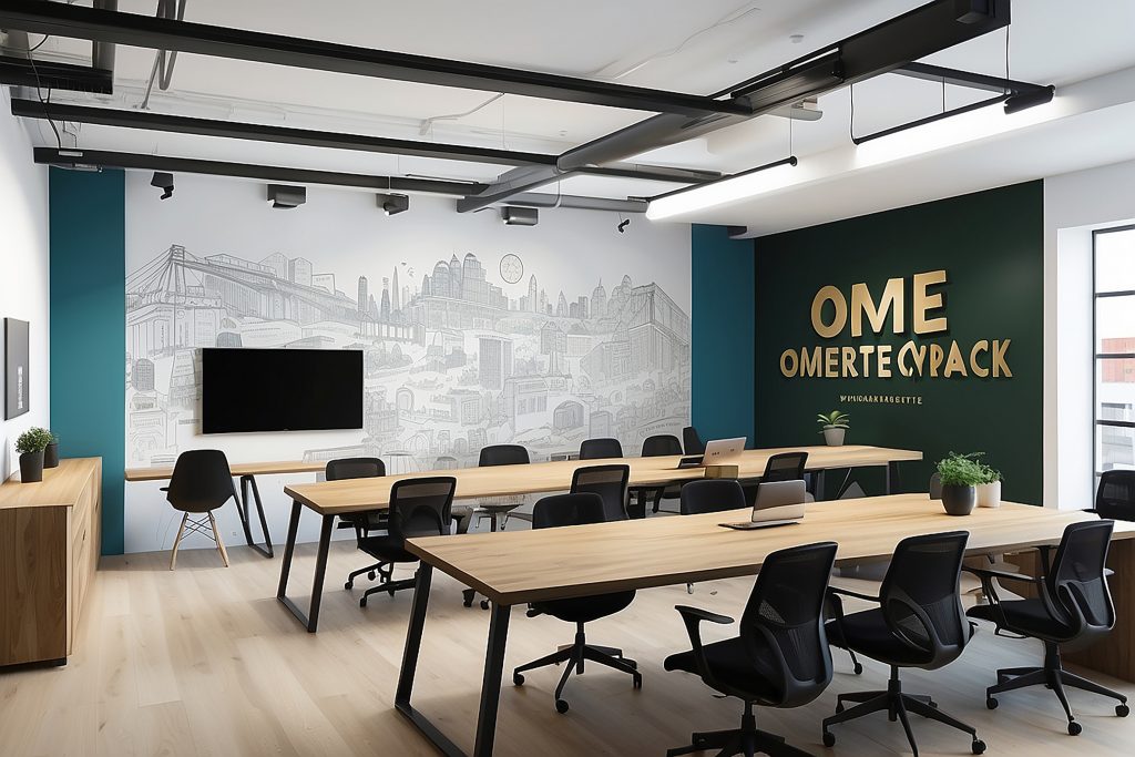 display your brand coworking space by seamlessly integrating logo into collaborative workspaces wall design mockup with empty space placing your design 1